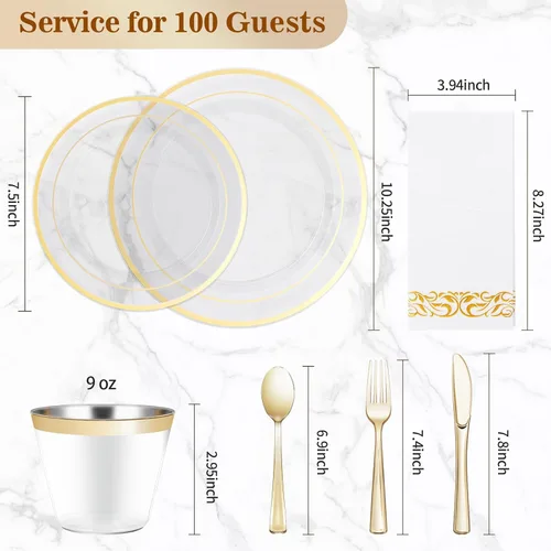 Miniatura 4 de BESTVIP Juego de vajilla desechable de 700 piezas en color dorado claro para 100 invitados, platos de plástico para fiesta, boda, Navidad, Incluye