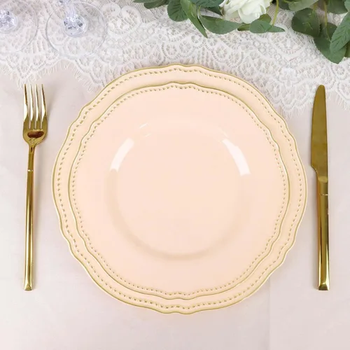 Miniatura 10 de Efavormart - Paquete de 10 platos llanos de plástico con borde festoneado negro/dorado de 9 pulgadas, platos desechables para fiestas de bodas