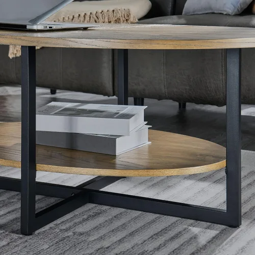 Miniatura 9 de Mesa de Centro Ovalada de Madera Maciza con Patas de Metal Cruzadas, Mesa Central Industrial Moderna de 43.3 Pulgadas con Estante Abierto Mesa