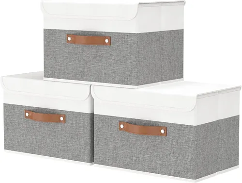 Miniatura 28 de OUTBROS Caja de almacenamiento plegable grande con tapa, organizador de armario de tela de lino, contenedores para toallas, ropa, 15 x 9.8 x 9.8