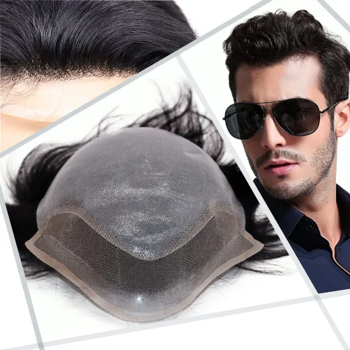 Toupee - Peluca de cabello humano europeo con encaje frontal suizo y línea capilar natural para hombre, con piel sintética, sistema de reemplazo de