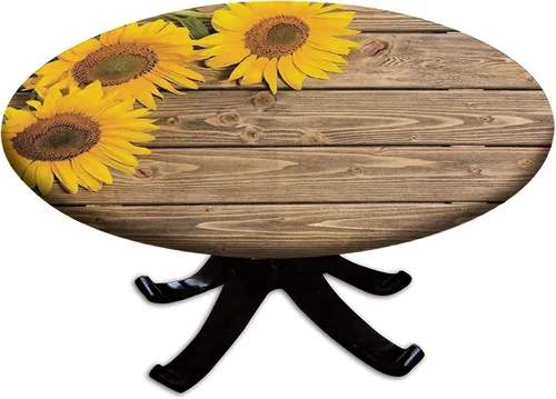 Miniatura 20 de Mantel ajustable con diseño de girasol redondo, borde elástico amarillo, mantel de poliéster para interiores y exteriores, fiesta, cena, patio