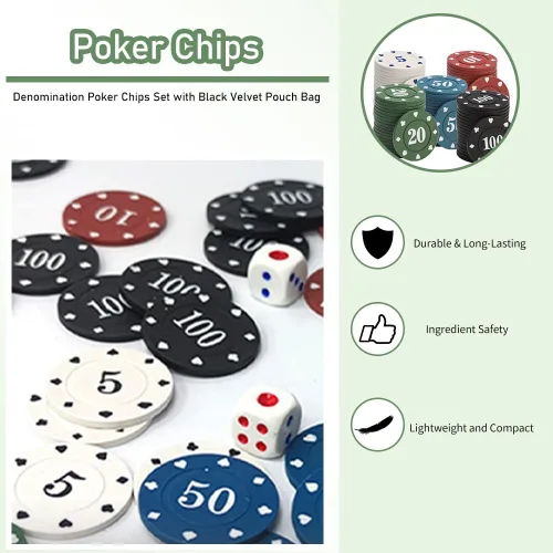 Miniatura 3 de IXIGER Fichas de póquer, juego de fichas de póquer de denominación con bolsa de terciopelo negro, fichas de juego de plástico, suministros de fiesta