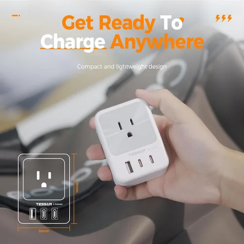 Miniatura 6 de Divisor de enchufe de pared múltiple, extensor de protector de sobretensión TESSAN de 4 salidas con 3 bloques de carga USB (2 USB C), expansor