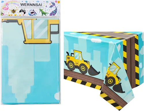 Miniatura 6 de WERNNSAI 1 mantel de construcción – Suministros de fiesta de cumpleaños de construcción, mantel de camión volquete de plástico, cubierta de mesa