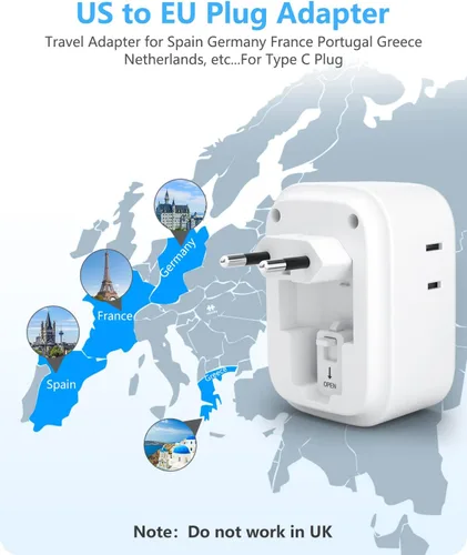 Miniatura 3 de LENCENT - Paquete de 2 adaptadores de enchufe de viaje europeos, enchufe plegable tipo C de Estados Unidos a Europa con 4 tomas, 4 puertos USB