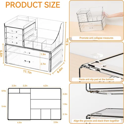 Miniatura 3 de Yieach Paquete de 2 organizadores de maquillaje transparentes para tocador, tocador y baño, organizadores de acrílico apilables con 5 cajones