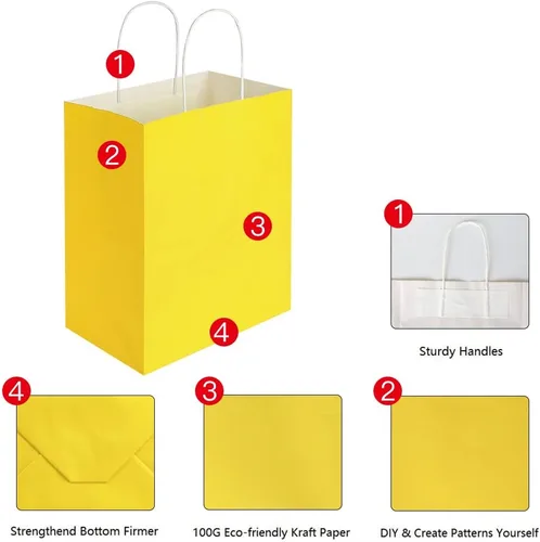 Miniatura 3 de Oikss paquete de 50 bolsas de papel kraft amarillo mediano de 8x4.75x10 pulgadas con asas a granel para cumpleaños, bodas, fiestas, regalos, compras