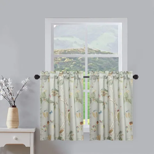 Miniatura 12 de Leeva Cortinas rústicas de cocina con estampado floral verde mezclado de lino para media ventana, para comedor, bolsillo para barra, cafetería