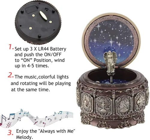 Miniatura 6 de Caja de música vintage estilo constelación, reproduce "Always with Me", diosa rotativa, caja musical Sankyo de 18 notas, caja de música a cuerda