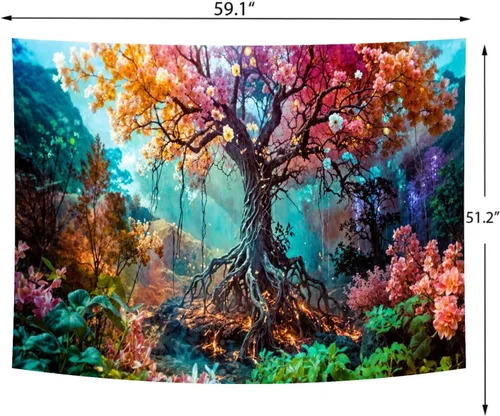 Miniatura 6 de Delur Tapiz de bosque con diseño de árbol de la vida, bosque tropical, para colgar en la pared, colorido paisaje místico, cabecero psicodélico