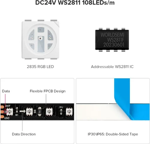 Miniatura 2 de BTF-LIGHTING Tira de luz LED RGB WS2811 direccionable de 2835SMD con color persiguiendo 9.8 pies DC24V 108LED/m 18píxeles/m 8mm de ancho IP65