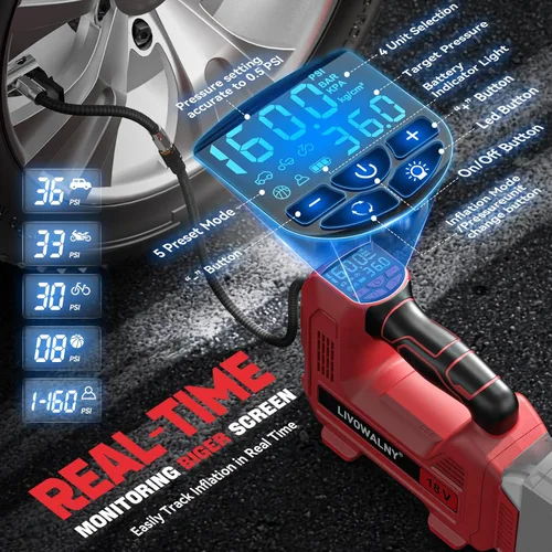 Miniatura 3 de Compresor de aire inalámbrico para inflador de neumáticos de 160 PSI, compatible con batería Milwaukee de 18 V, bomba de aire portátil LIVOWALNY