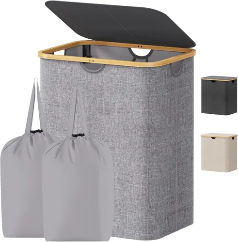Miniatura 40 de Lifewit - Cesta de ropa sucia de 100L con tapa, cestos para la ropa con asas de bambú y una bolsa extraíble, cesto grande plegable para la ropa