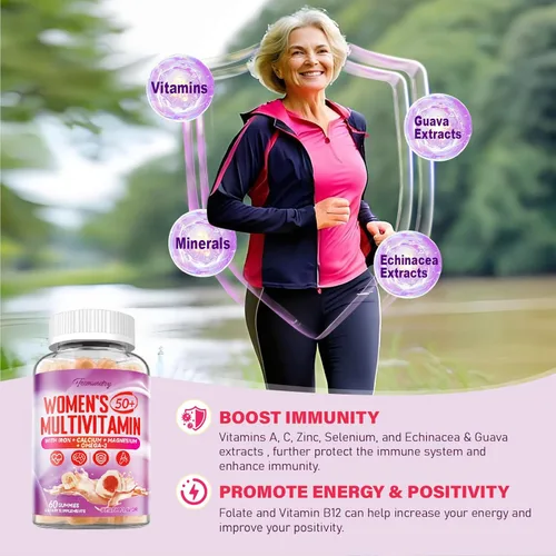Miniatura 4 de Gomitas multivitamínicas para mujeres 50 Plus – con Omega 3, coenzima Q10, hierro, calcio, zinc, vitamina A, C, D3, E, K2, complejo B, folato