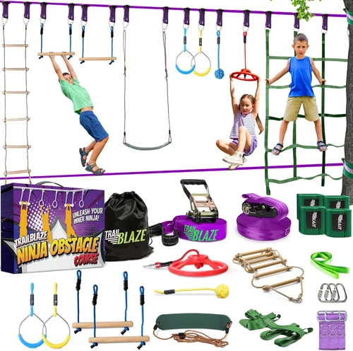 Trailblaze Curso de Obstáculos de Guerrero Ninja para Niños - Diversión al Aire Libre 2x55 Pies de Cuerda Floja Ninja, Red de Escalada, Escalera de