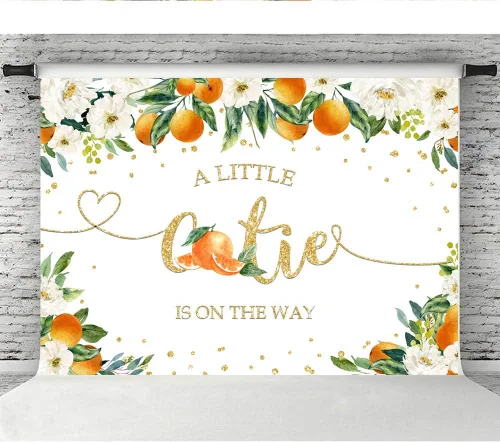 Miniatura 5 de Lofaris A Little Cutie is On The Way - Telón de fondo para baby shower, naranja cítrico, para revelación de género, vegetación, naranja, floral