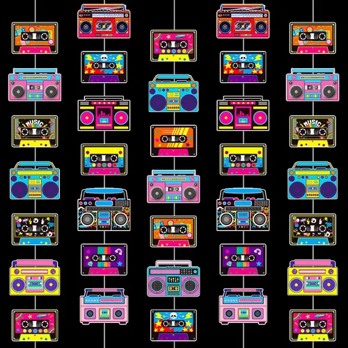 Miniatura 8 de Guirnalda de cinta de casete y caja de pluma, 6 unidades de decoraciones de fiesta de los años 80, cinta de casete de radio retro, guirnalda
