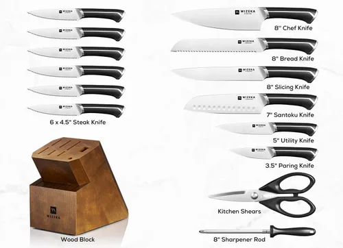 Miniatura 6 de WIZEKA Juego de 15 piezas de cuchillos, juego de cuchillos de cocina de acero inoxidable de alto carbono, juego de bloque de cuchillos ultra