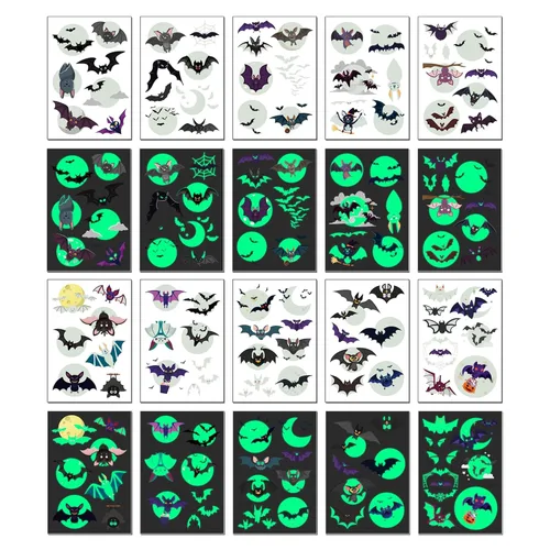Miniatura 3 de Awinmay Tatuajes temporales de murciélago luminoso de Halloween para niños, 10 hojas que brillan en la oscuridad, tatuajes con temática