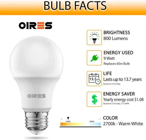 Miniatura 4 de Bombilla LED equivalente a 60 W, 800 lúmenes, bombillas con forma A19, 2700 K, blanco cálido, no regulable, certificación UL, base E26 de 9 W