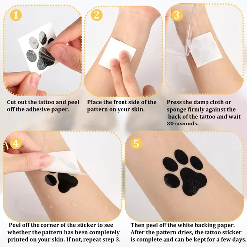 Miniatura 3 de 30 hojas de 240 tatuajes temporales con purpurina de pata de perro, tatuajes faciales con estampado de patas, tatuajes corporales de pata de perro