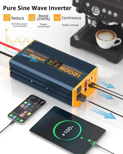 Miniatura 5 de Inversor de Potencia de Onda Sinusoidal Pura de 1200 Vatios DC 12V a 110V AC Convertidor con Dos Salidas de CA, Puertos USB de Carga Rápida