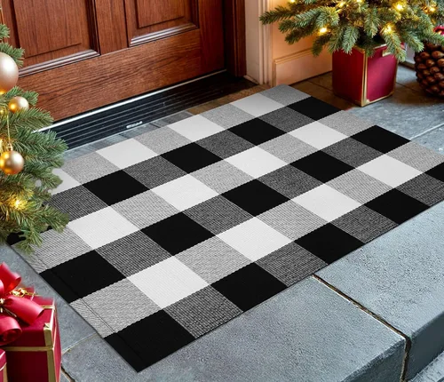Miniatura 37 de KOZYFLY Alfombra de Área de Cuadros Buffalo 4 x 6 Pies Alfombra a Cuadros Blanco y Negro Lavable Alfombras para Exteriores Alfombras de Algodón