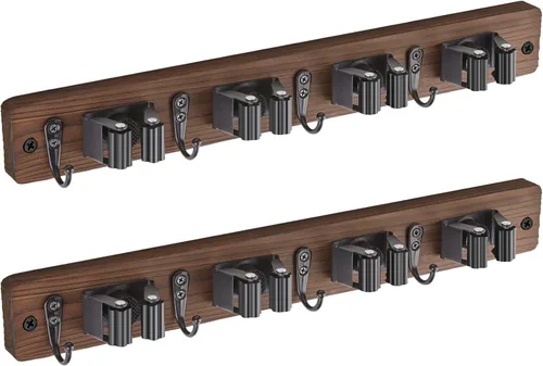 Miniatura 9 de OUTNILI Soporte de Pared Negro para Escoba y Trapeador con 4 Ranuras y 4 Ganchos - Colgador de Escoba y Trapeador de Madera Rústica para Despensa