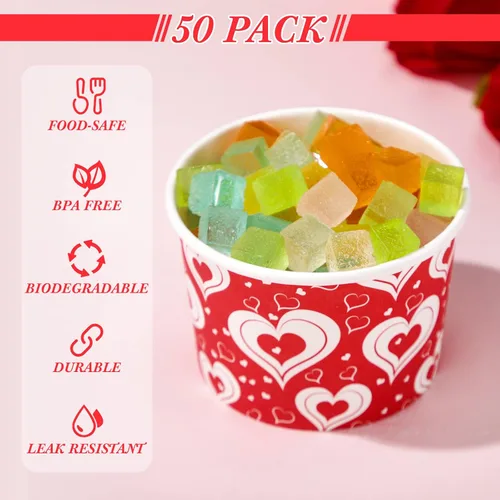 Miniatura 4 de Shellwei Paquete de 50 tazas de helado de 9 onzas para el día de San Valentín, cuencos de postre desechables con corazón, cuencos de papel