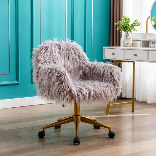 Miniatura 9 de KCC Silla de escritorio de oficina esponjosa, silla giratoria moderna de pelo sintético con ruedas, sillas de acento suaves, cómodas, elegantes