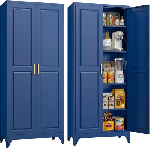 Miniatura 22 de Armario de almacenamiento de metal de 71 pulgadas de alto, armarios de almacenamiento de despensa de cocina con puertas y 4 estantes, armario