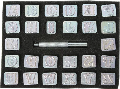 Kit de 27 piezas de punzón estándar de cuero del alfabeto, 26 sellos del alfabeto de 3/4 pulgadas (0.748 in) y 1 mango de estampado