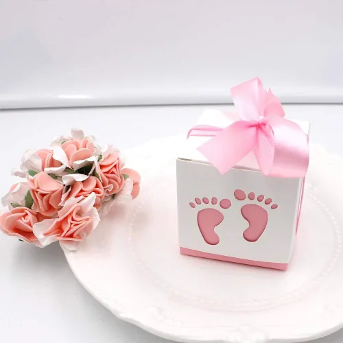 Miniatura 2 de Rgontar 50 cajas de dulces con cintas para recién nacidos, para decoración de mesa de fiesta de cumpleaños, regalo (rosa)