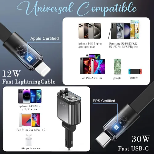 Miniatura 6 de Cargador de Coche Retráctil 4 en 1, 69W con Luz Estrellada, Cargador de Encendedor de Cigarrillos, para Mamá Papá, Regalos para Hombres Mujeres