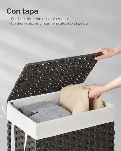 Miniatura 3 de SONGMICS Cesta de lavandería con tapa, cesta de ropa de 23.8 galones (90 L) de ratán sintético con tapa y asas, plegable, forro extraíble, negro