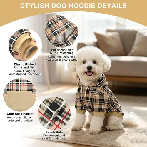 Miniatura 2 de EXPAWLORER Sudadera con capucha para perro a cuadros, estilo británico, suéter cálido para perro con agujero para correa, ropa de pitbull, ropa