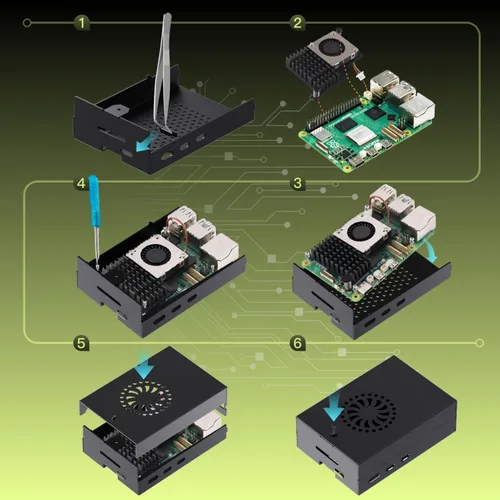 Miniatura 7 de iRasptek Kit básico de inicio para Raspberry Pi 5 4GB RAM- Incluye placa de 4 GB, fuente de alimentación PD de 27 W, caja de metal Pi5 y enfriador