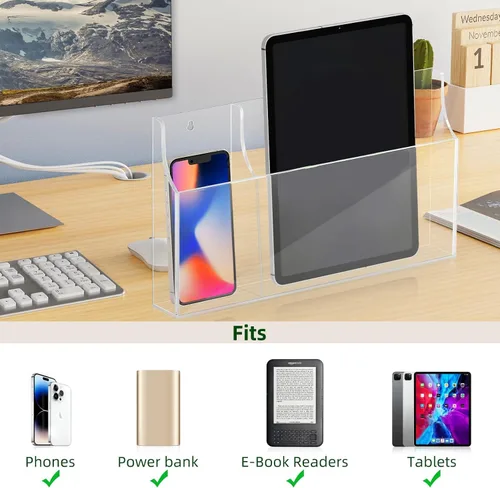 Miniatura 4 de VANCORE Soporte de teléfono transparente montado en la pared, soporte acrílico para control remoto, organizador de medios con agujeros para cargar