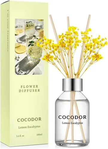 Miniatura 44 de COCODOR Juego de Difusor de Varillas de Junco con Flores / 6.7 oz / Eucalipto Limón / Difusor de Aroma con Varillas Fragancia para el Hogar Difusor