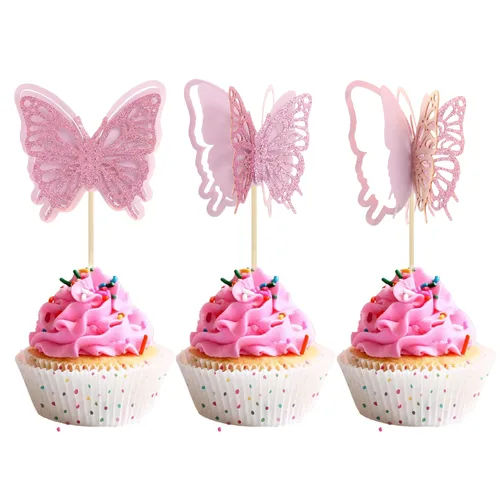 Miniatura 19 de Gyufise Paquete de 24 adornos de mariposa ensamblados con purpurina dorada, decoraciones de mariposa dorada, púas para cupcakes, bodas, 4-dorado