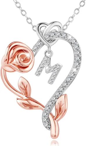SNZM Initial Necklaces for Women-925 Sterling Silver Rose Heart Letter Pendant Necklace with 5A Cubic Zirconia Dainty Jewelry Birthday Valentines