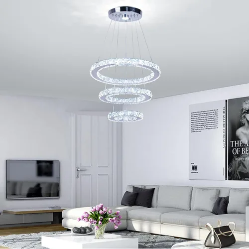 Miniatura 9 de Candelabro LED de cristal con iluminación regulable LED moderna lámpara de techo de 3 anillos ajustable de acero inoxidable para dormitorios y sala