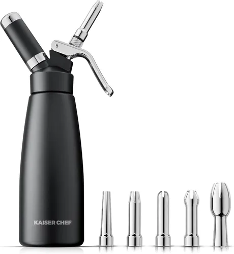 Dispensador profesional de crema batida de aluminio - 500 mL/1 pinta, recipiente para crema batida con 5 boquillas de decoración y cepillo de