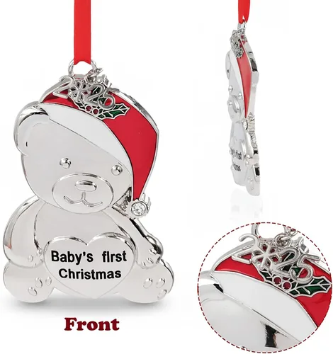Miniatura 3 de Adorno personalizado para la primera Navidad del bebé 2025, decoración del árbol de Navidad, oso de peluche de metal con gorro de Navidad rojo