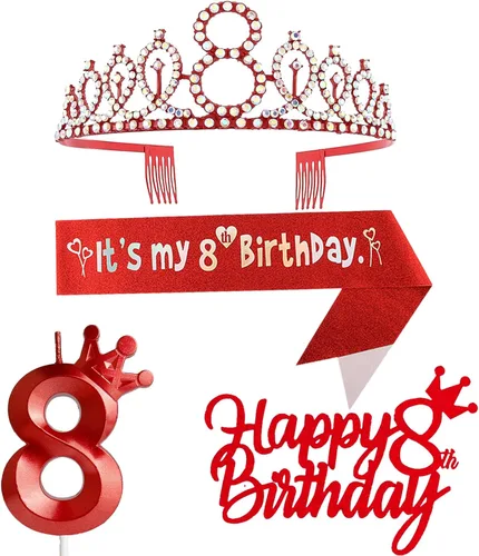 Miniatura 48 de Decoraciones de cumpleaños número 7 para niña, que incluyen corona/tiara de cumpleaños número 7, banda, adorno para pastel de cumpleaños y velas