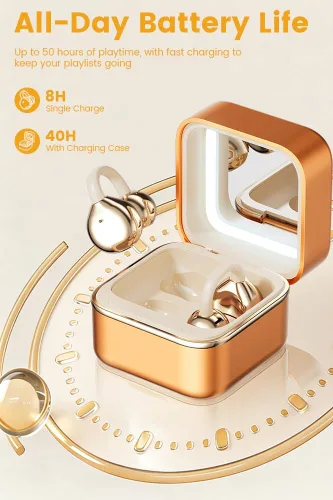 Miniatura 5 de Auriculares con clip de oreja abierta, auriculares inalámbricos Bluetooth 6.0 con espejo de maquillaje, luz LED, tiempo de reproducción de 50 horas