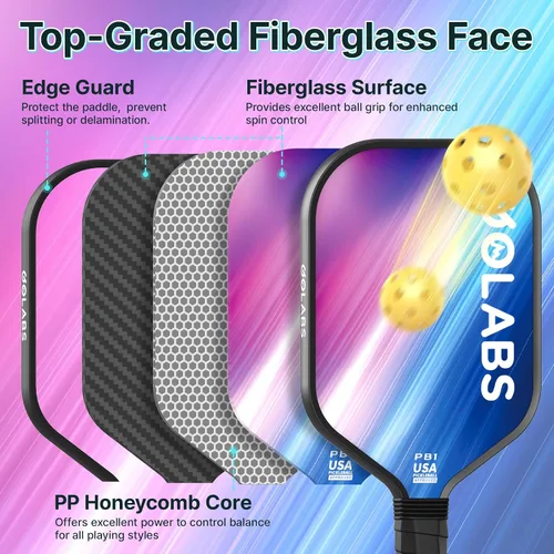 Miniatura 3 de Juego de palas de pickleball Golabs PB1 de 2, superficie duradera de fibra de vidrio y núcleo de polímero de potencia STR de 16 mm de núcleo, Rosa