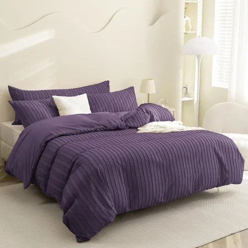 Miniatura 2 de JELLYMONI Funda de edredón tamaño individual morado - Juego de 3 piezas de funda de edredón bohemia a rayas de poliéster con textura copetuda Rayas