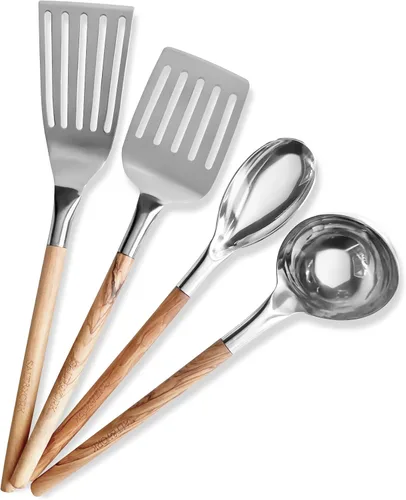 Miniatura 6 de Salt & York Juego de utensilios de cocina, herramientas de cocina de acero inoxidable con asas de madera de olivo hechas a mano, 2 espátulas